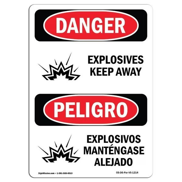 OSHA Danger Sign, Explosives Keep Away Bilingual, 7in X 5in Decal, 5